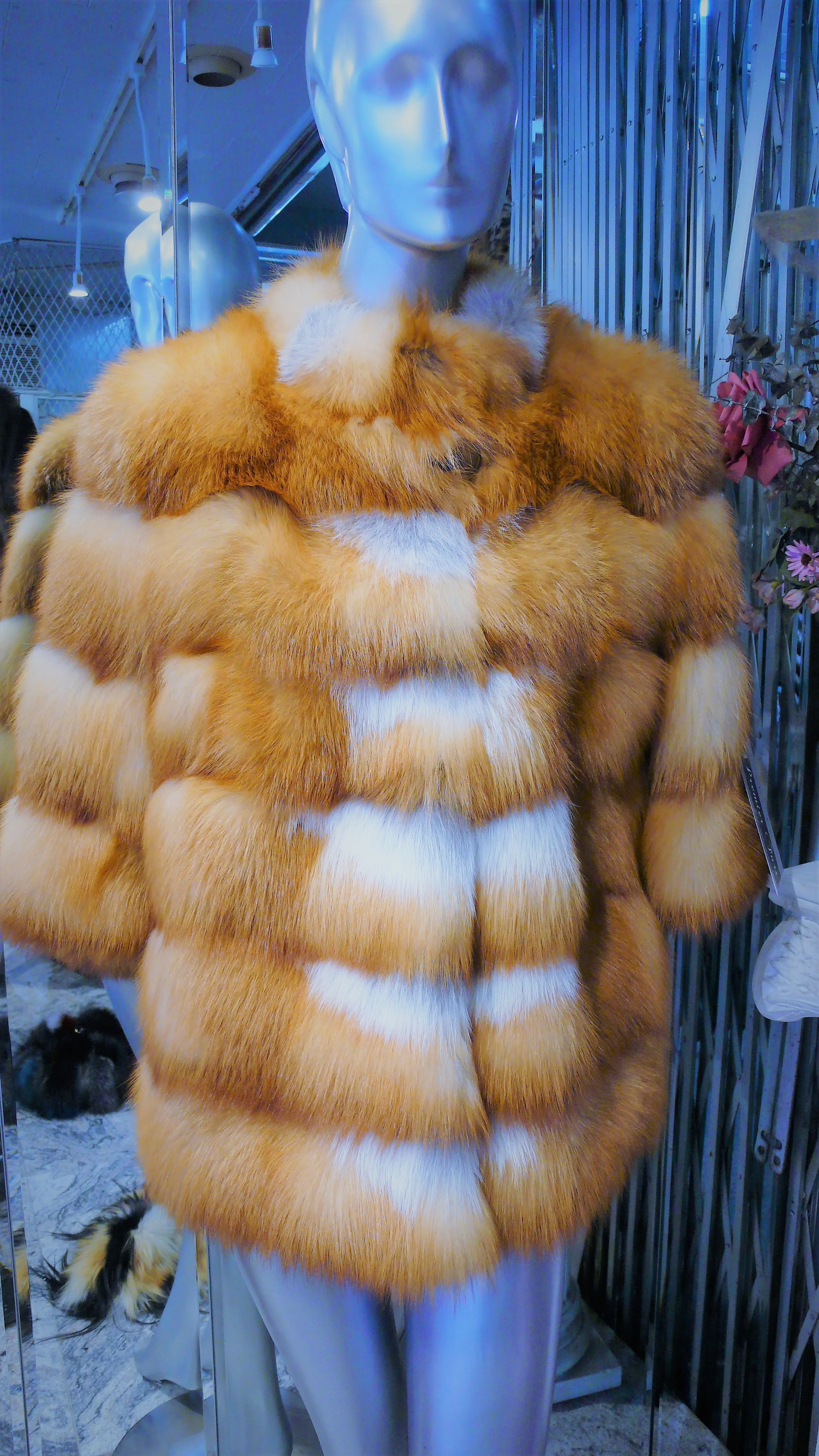 Natural RED FOX FUR Stroller Coat Horizontal Design Modern Youthful Warm