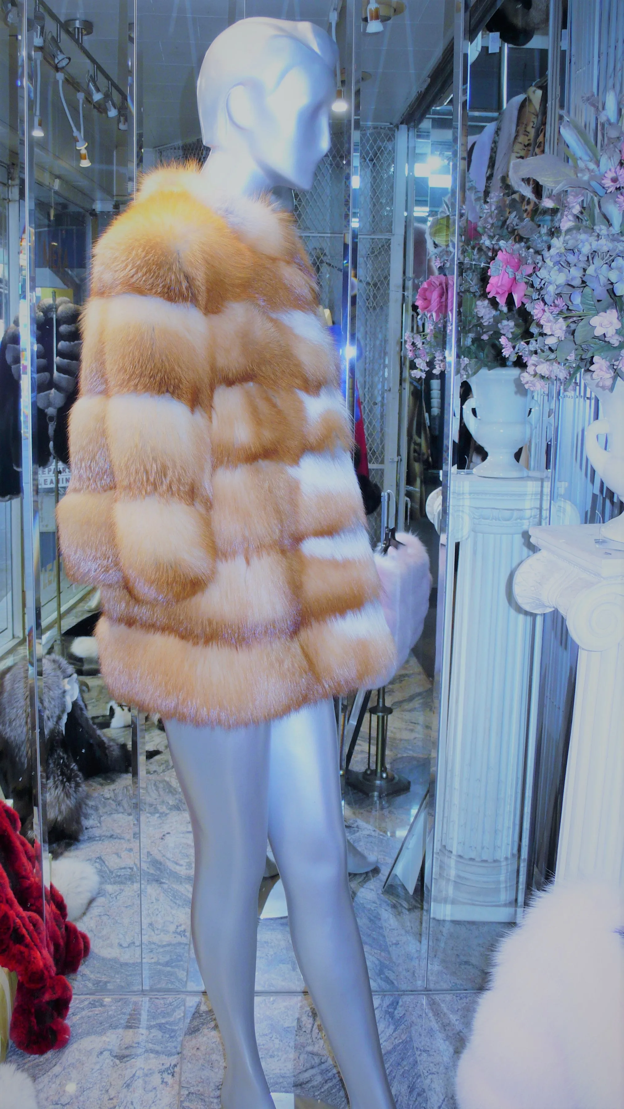 Natural RED FOX FUR Stroller Coat Horizontal Design Modern Youthful Warm