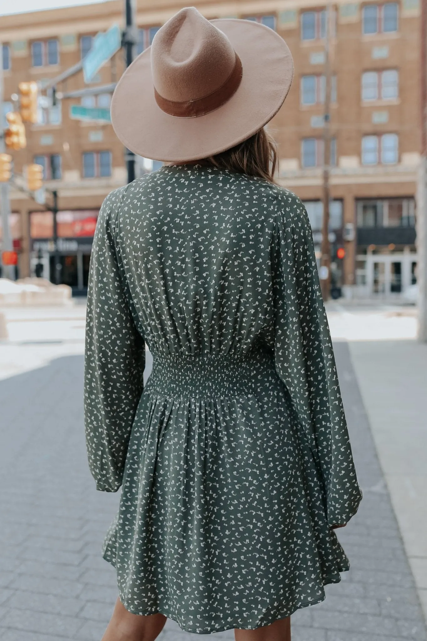 Olive Print V Neck Smocked Mini Dress - FINAL SALE