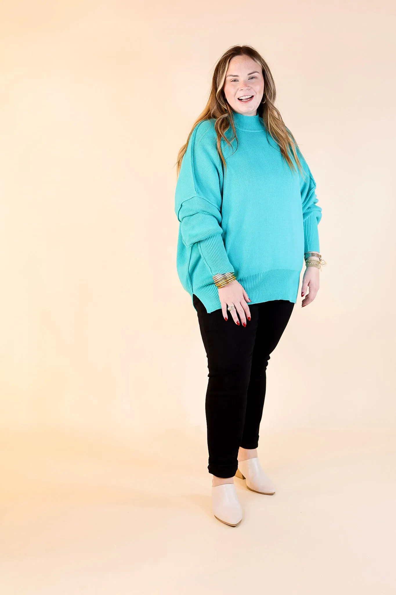 Snug and Stylish Mock Neck Sweater with Side Slit in Turquoise Blue