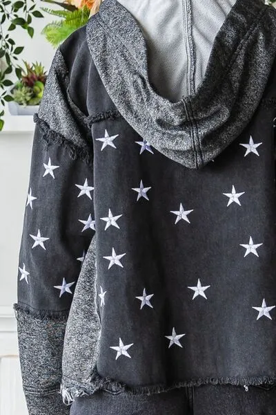 Star Embroidered Hooded Denim Jacket