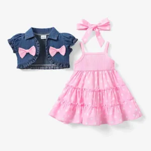 Sweet Denim & Polka Dot Dress Set with Headband - Baby Girls (3pcs)