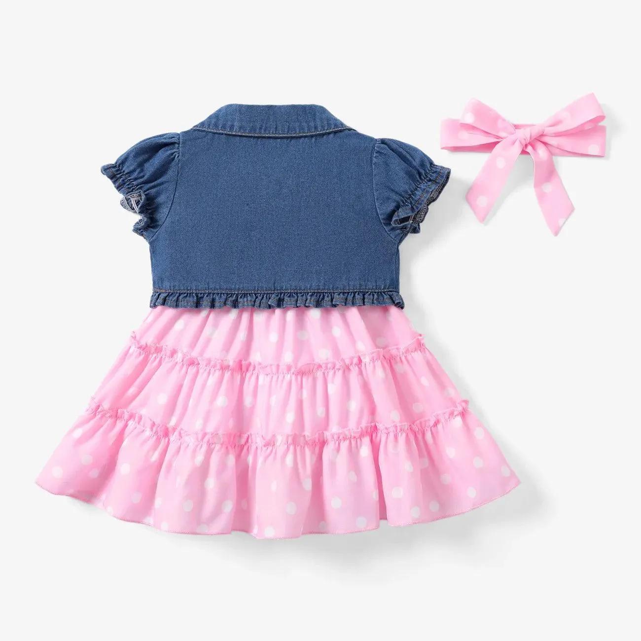 Sweet Denim & Polka Dot Dress Set with Headband - Baby Girls (3pcs)