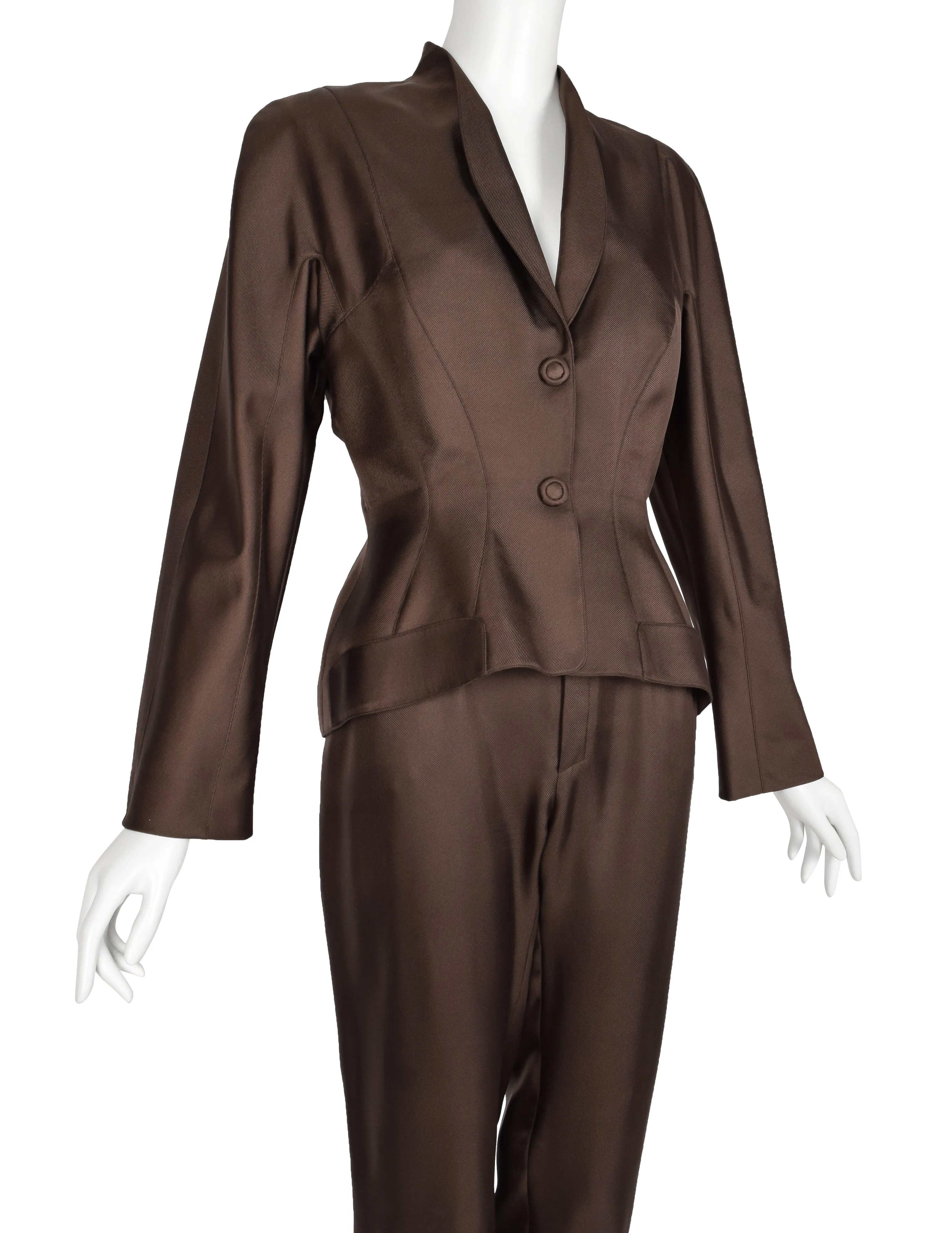 Thierry Mugler Vintage 1990s Chocolate Brown Silk Sculpted Jacket and Pant Suit