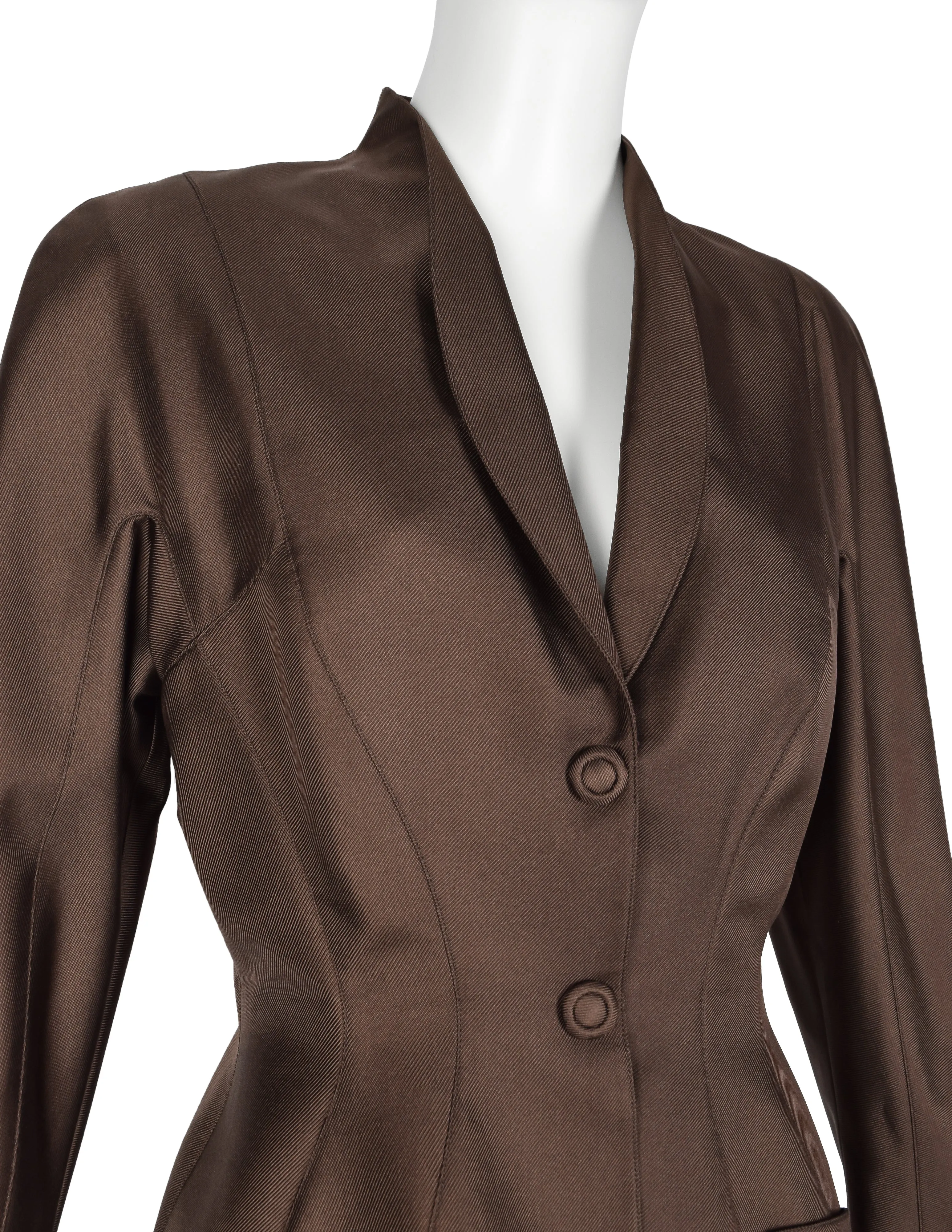 Thierry Mugler Vintage 1990s Chocolate Brown Silk Sculpted Jacket and Pant Suit