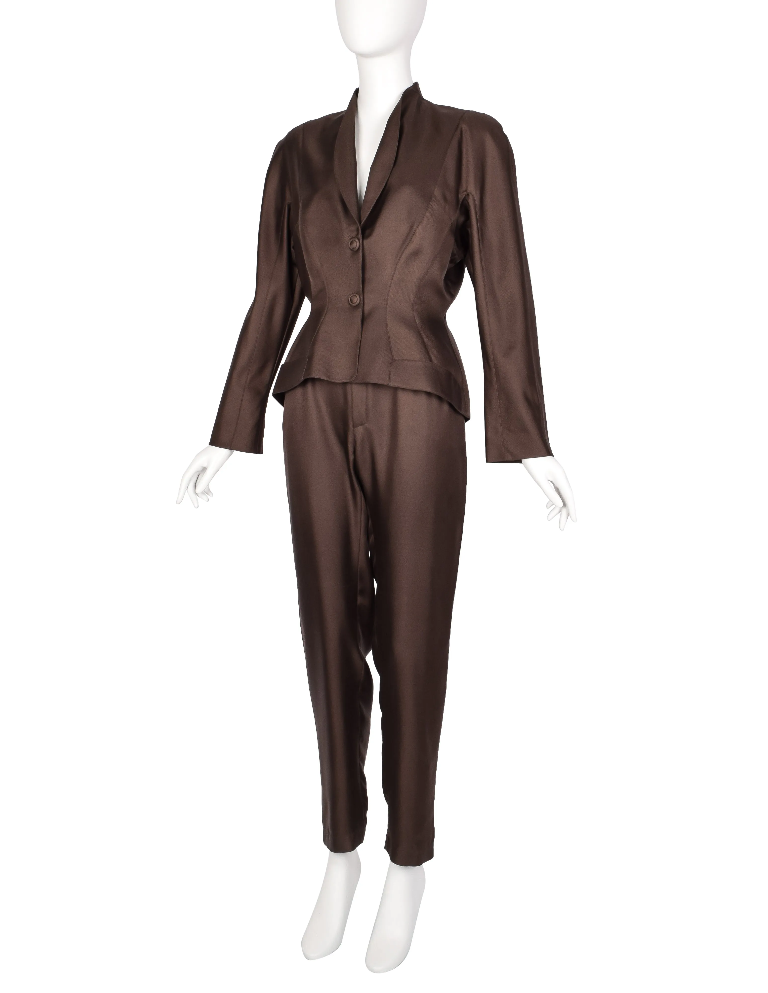 Thierry Mugler Vintage 1990s Chocolate Brown Silk Sculpted Jacket and Pant Suit