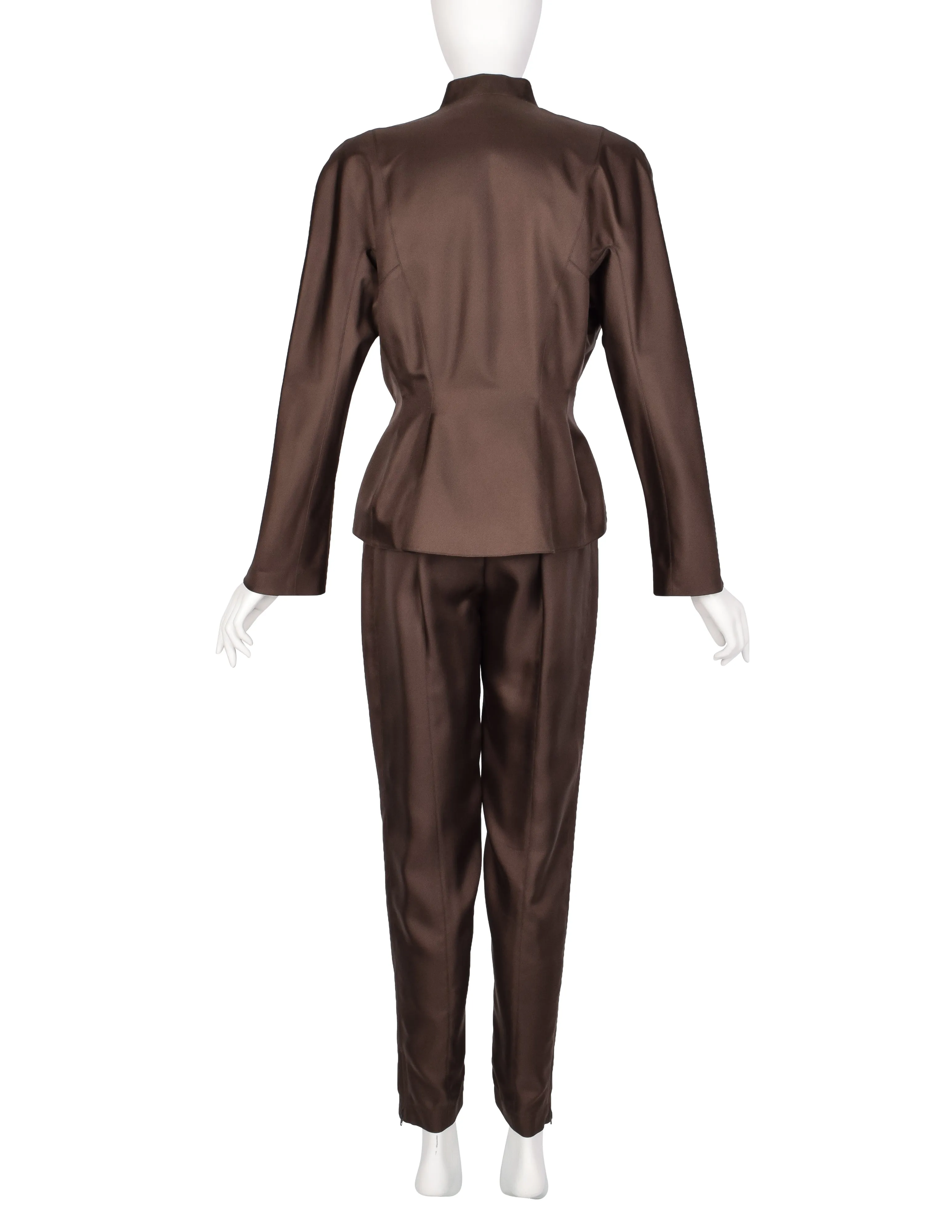 Thierry Mugler Vintage 1990s Chocolate Brown Silk Sculpted Jacket and Pant Suit