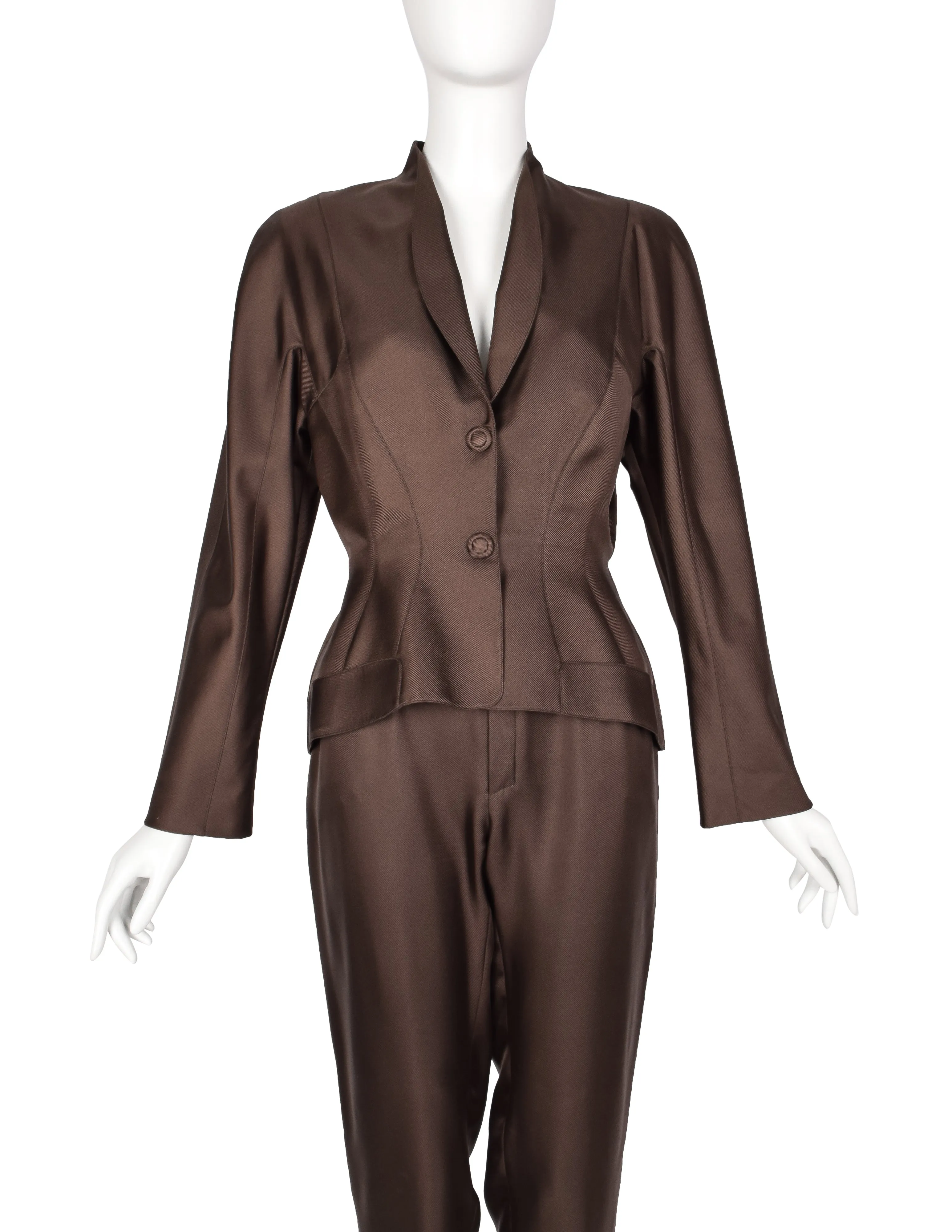 Thierry Mugler Vintage 1990s Chocolate Brown Silk Sculpted Jacket and Pant Suit