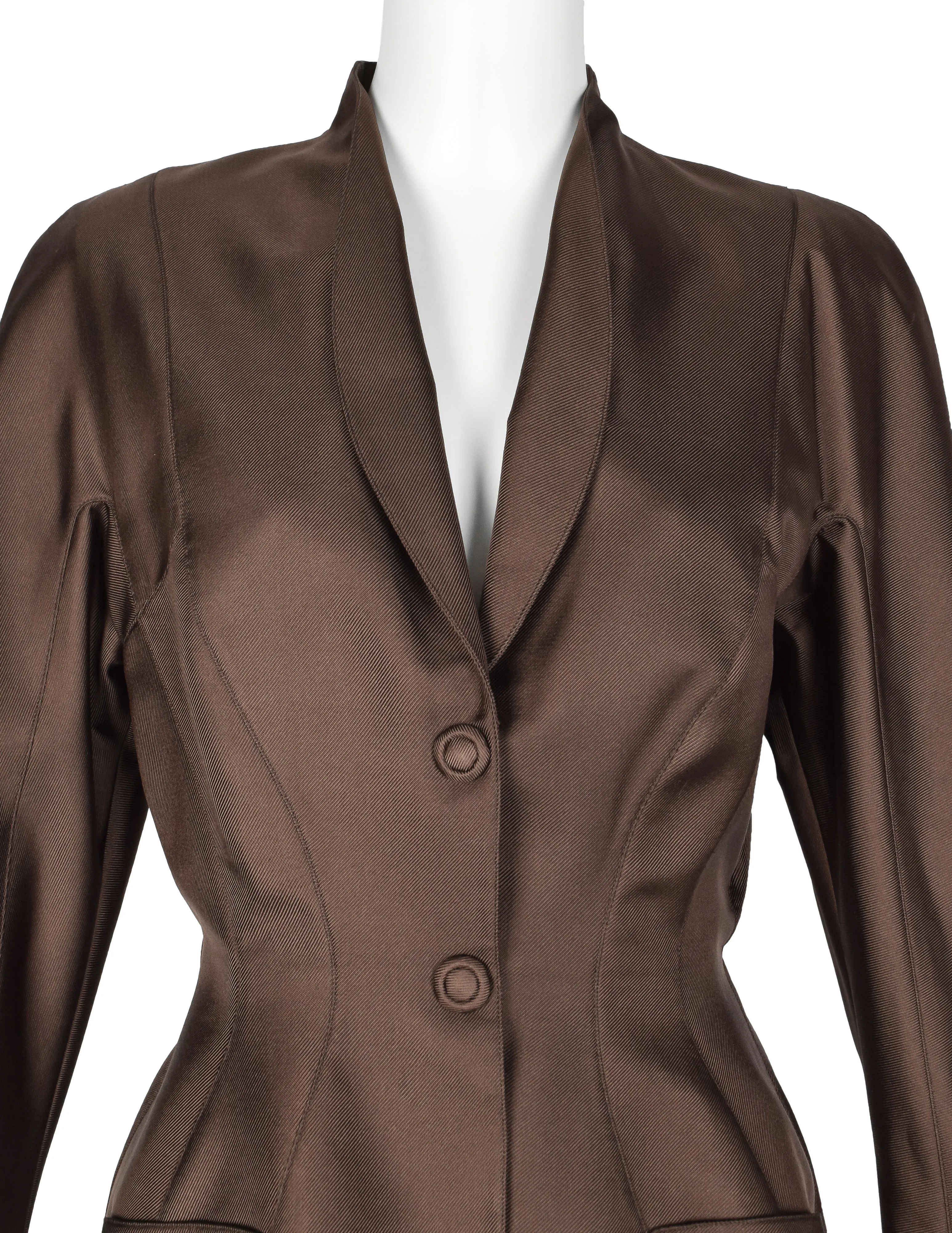 Thierry Mugler Vintage 1990s Chocolate Brown Silk Sculpted Jacket and Pant Suit