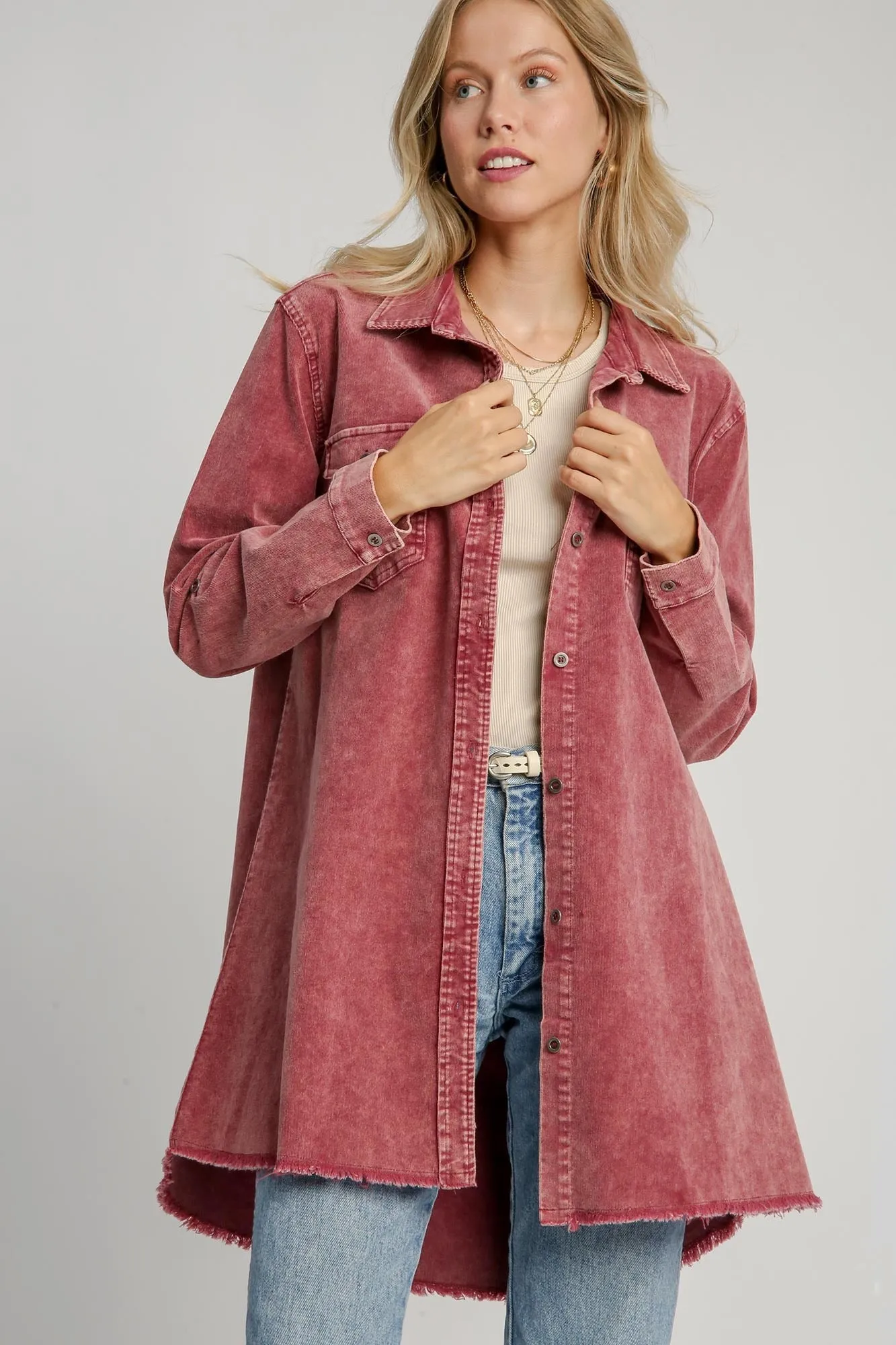 Umgee Raw Hem Button Down Denim Jacket with Chest Pockets