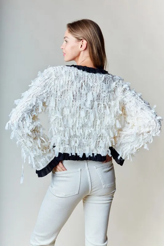 Waitlist 1/1 ♥ Eliza Long Sleeve Bow Tie Fringed Jacket Ivory