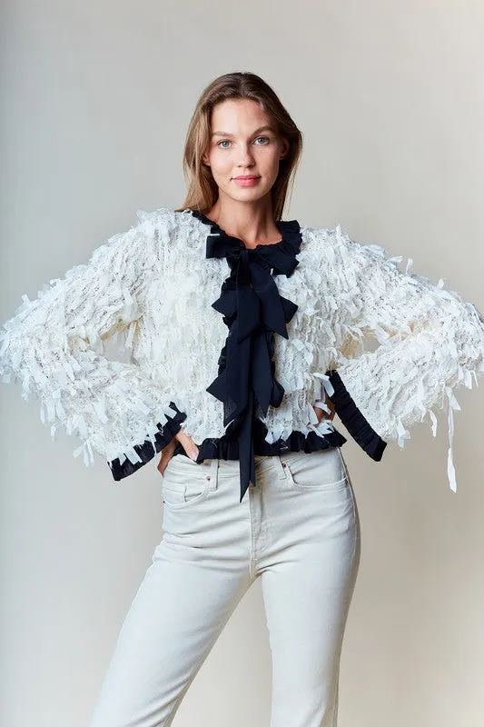 Waitlist 1/1 ♥ Eliza Long Sleeve Bow Tie Fringed Jacket Ivory