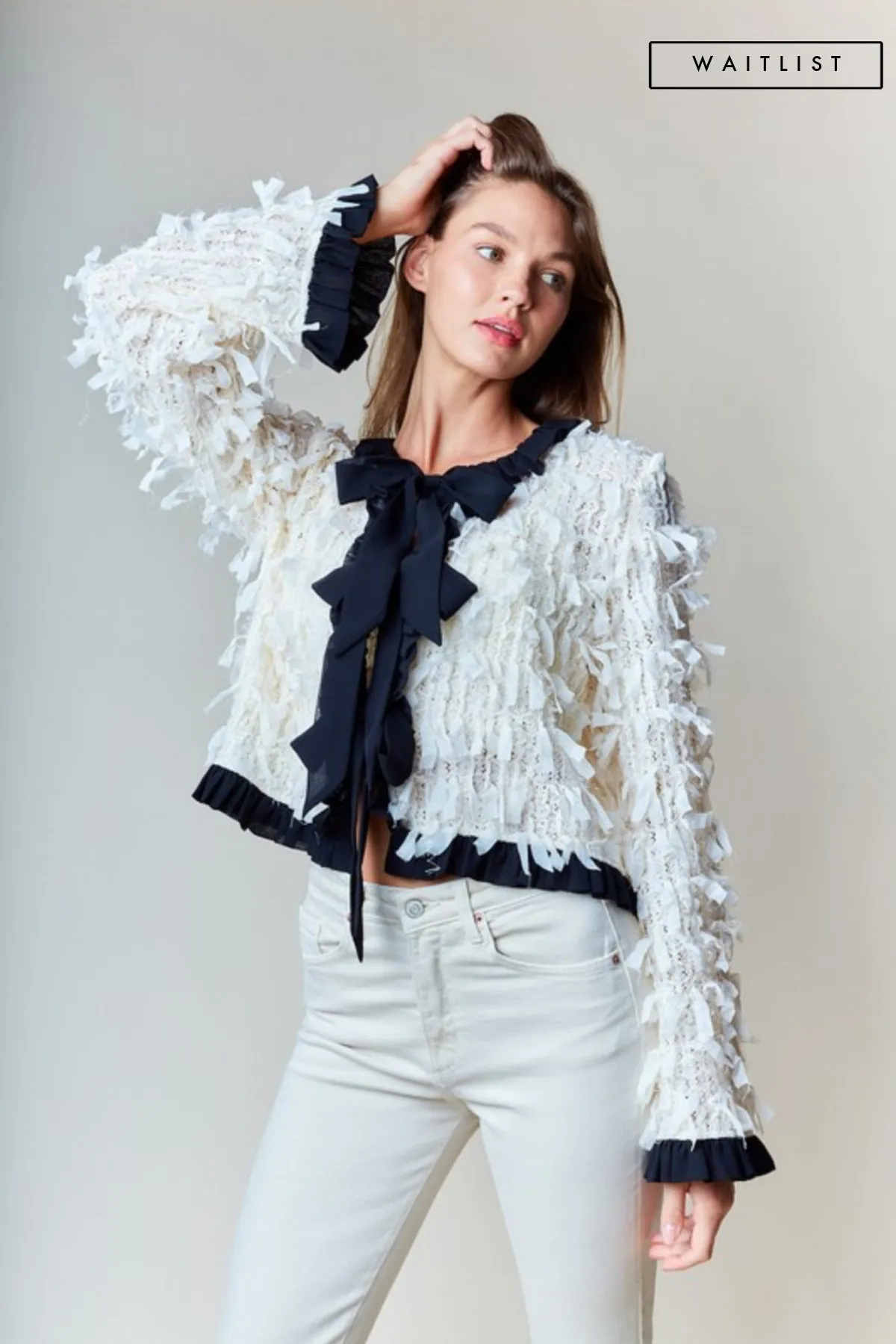 Waitlist 1/1 ♥ Eliza Long Sleeve Bow Tie Fringed Jacket Ivory