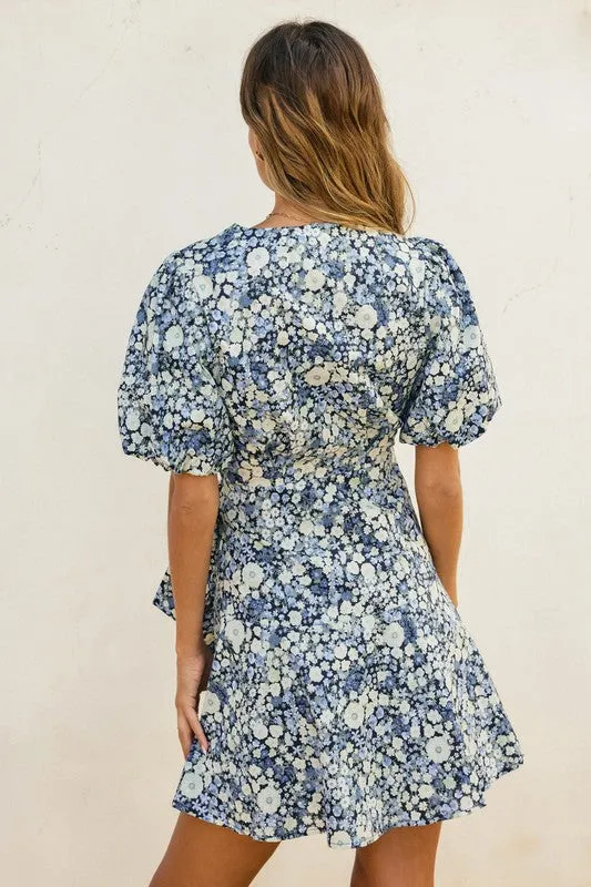 Waitlist 1/20 ♥ Charlie Short Puff Sleeve Floral Print Wrap Mini Dress Navy