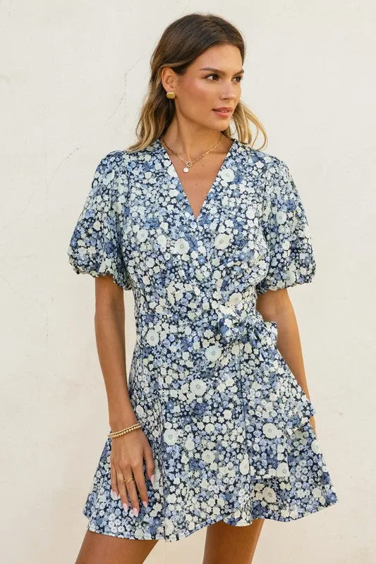 Waitlist 1/20 ♥ Charlie Short Puff Sleeve Floral Print Wrap Mini Dress Navy