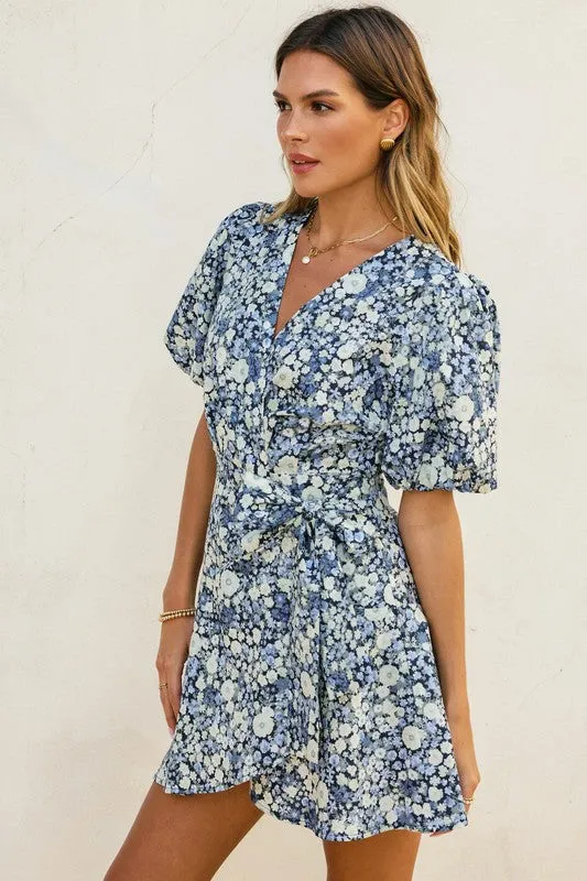 Waitlist 1/20 ♥ Charlie Short Puff Sleeve Floral Print Wrap Mini Dress Navy