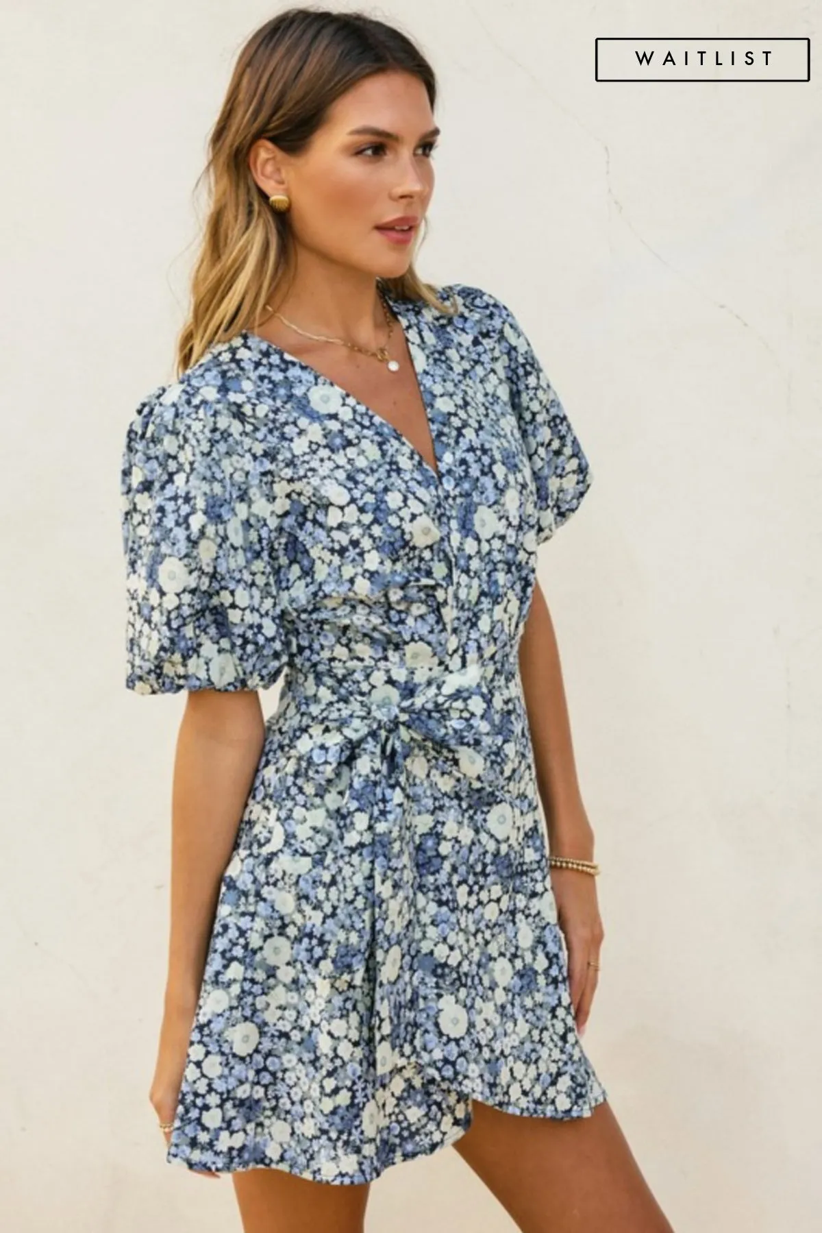 Waitlist 1/20 ♥ Charlie Short Puff Sleeve Floral Print Wrap Mini Dress Navy