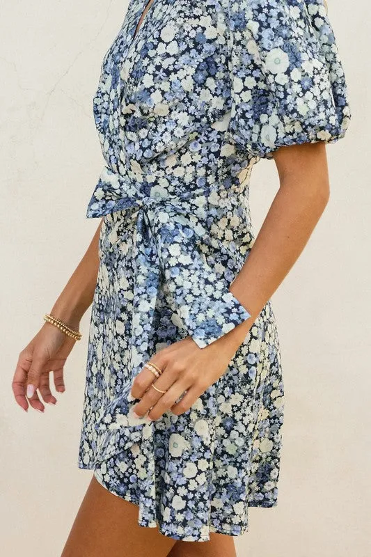 Waitlist 1/20 ♥ Charlie Short Puff Sleeve Floral Print Wrap Mini Dress Navy