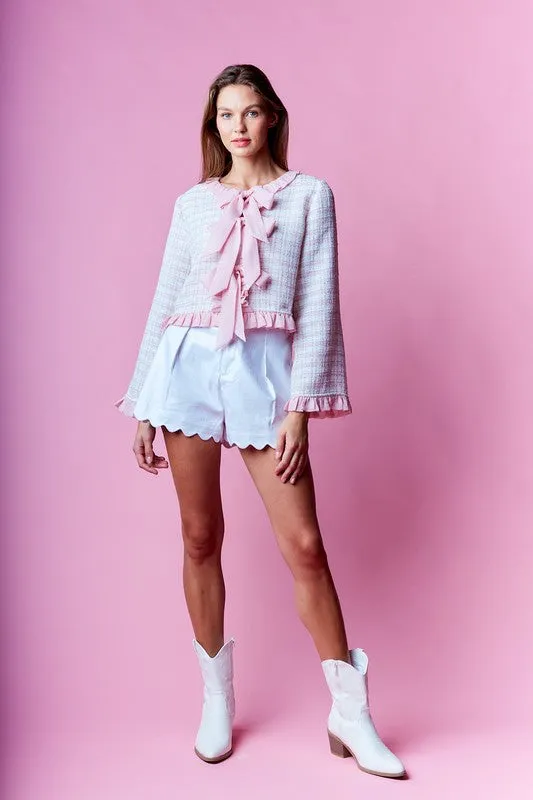 Waitlist 12/25 ♥ Willa Long Sleeve Ruffle Bow Tie Tweed Jacket Pink