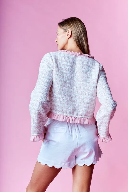 Waitlist 12/25 ♥ Willa Long Sleeve Ruffle Bow Tie Tweed Jacket Pink