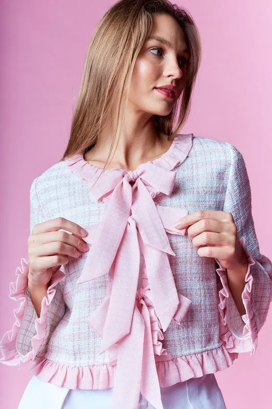 Waitlist 12/25 ♥ Willa Long Sleeve Ruffle Bow Tie Tweed Jacket Pink