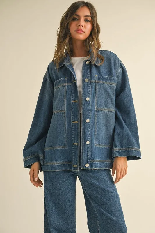 Waitlist 2/5 ♥ Kimber Long Sleeve Side Tie Oversized Denim Jacket Dark Wash