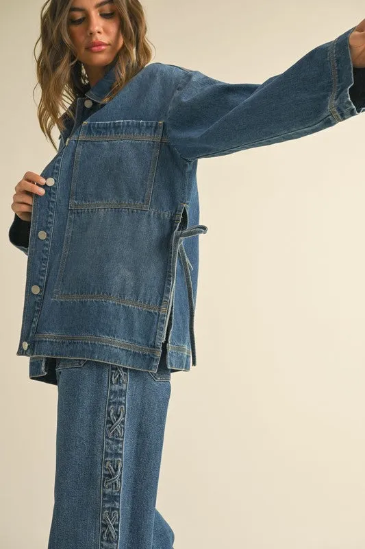 Waitlist 2/5 ♥ Kimber Long Sleeve Side Tie Oversized Denim Jacket Dark Wash