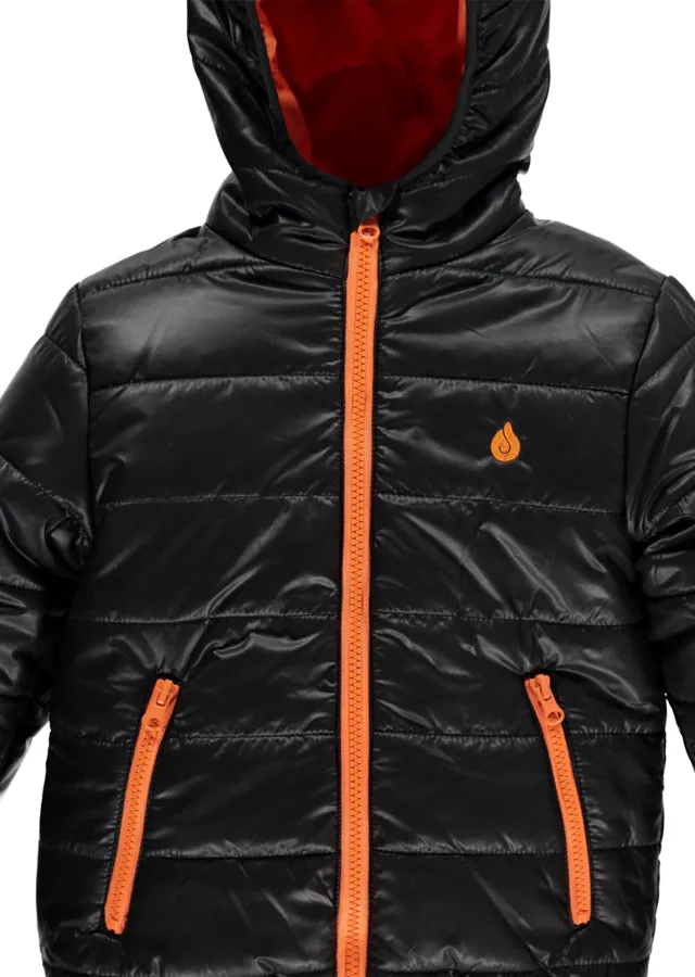 Warm Padded Jacket with Hood in Black/Orange