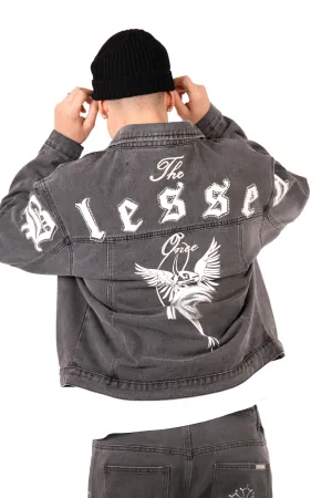 Washed Black 'The Blessed One' Motif Printed Denim Jacket