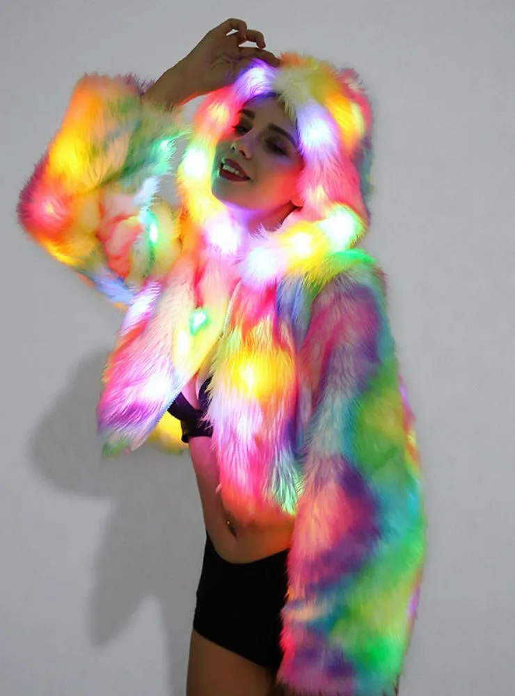 Women Faux Fur Coat Fox Cosplay Christmas Color Light