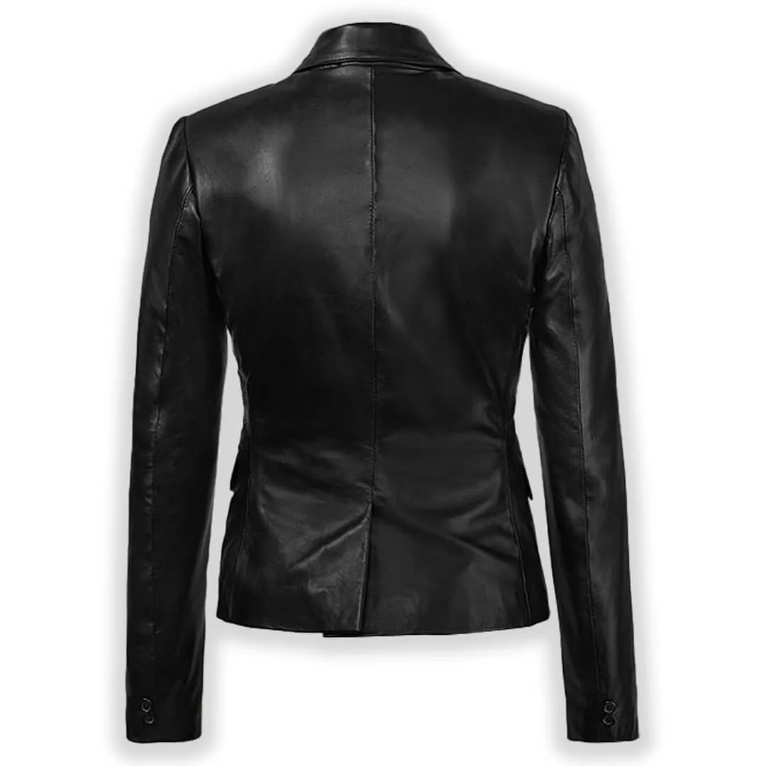 Women Two Button Black Leather Blazer