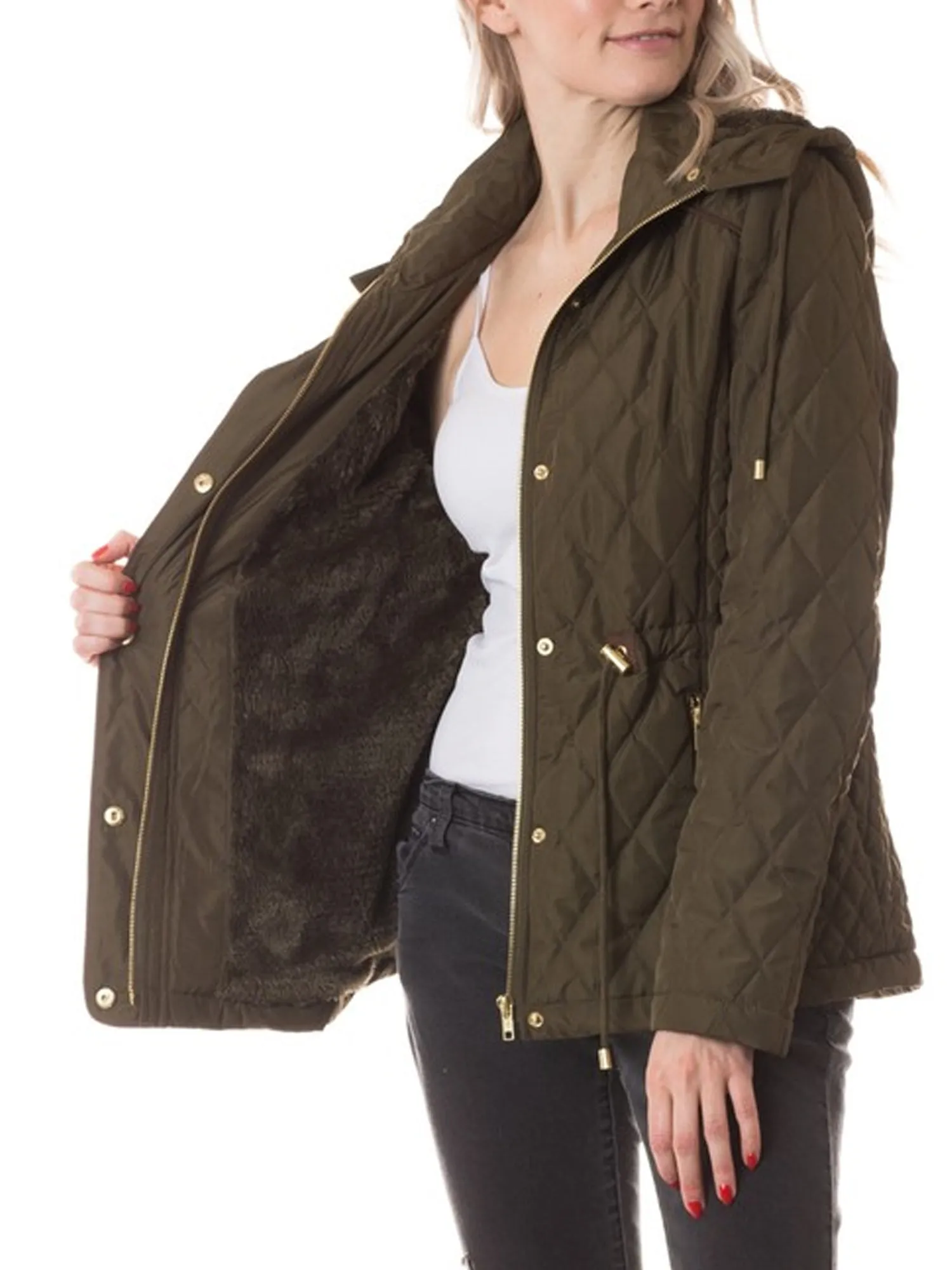 Womens Fur Lined Lightweight Zip Up Quilted Jacket with Detachable Hood