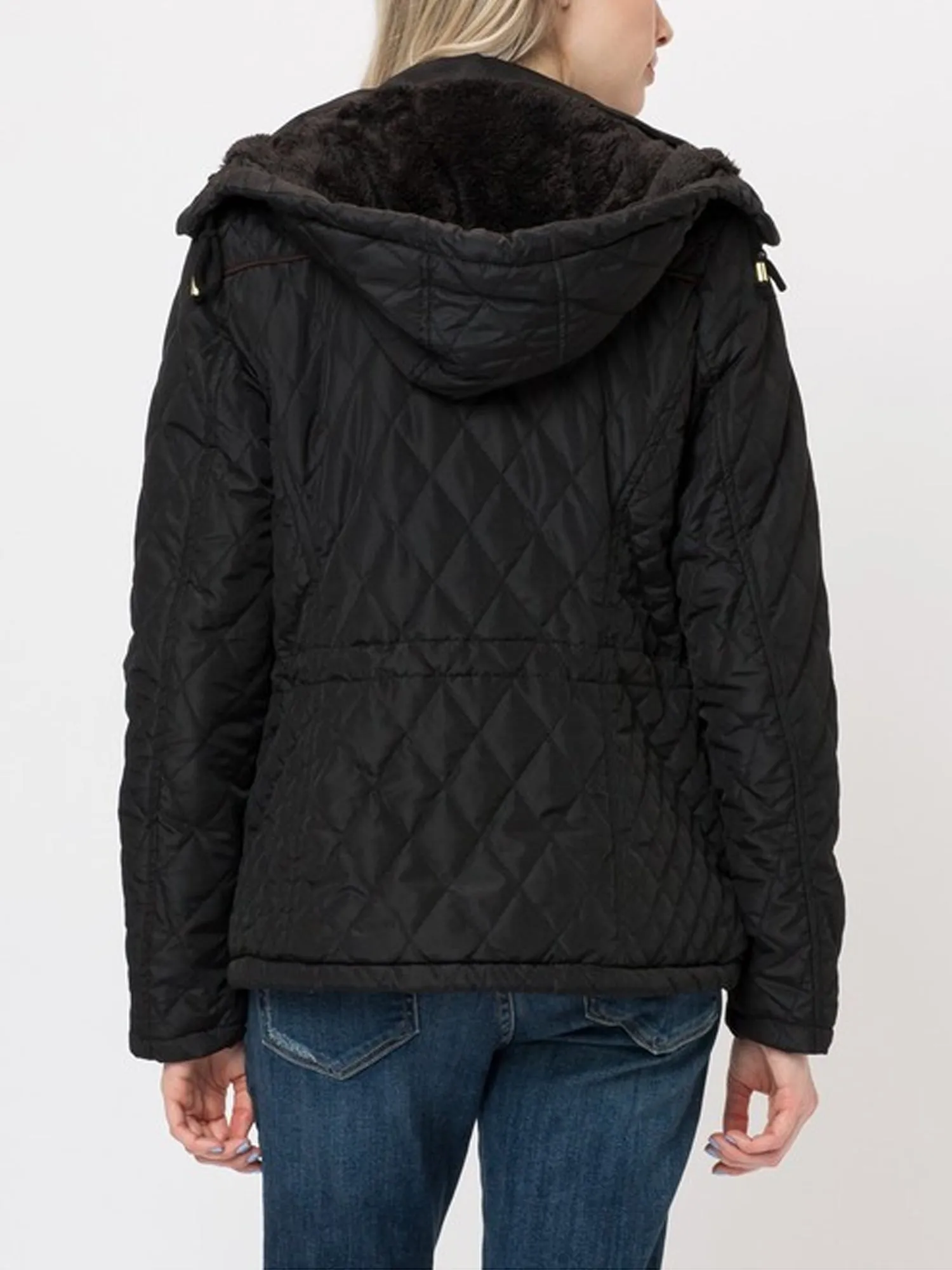 Womens Fur Lined Lightweight Zip Up Quilted Jacket with Detachable Hood