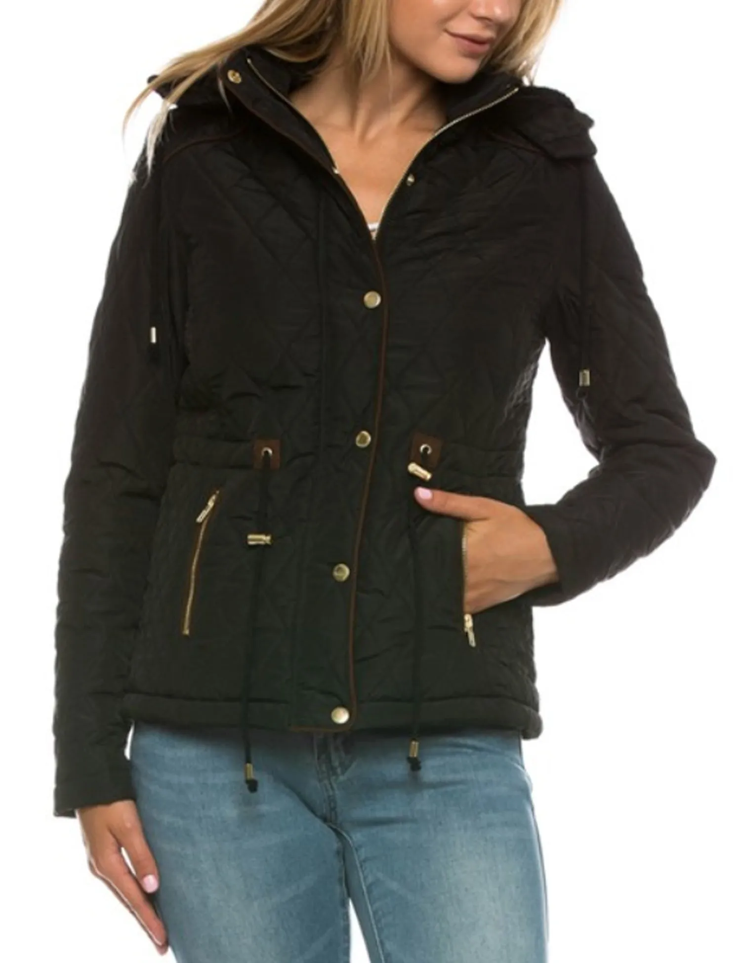 Womens Fur Lined Lightweight Zip Up Quilted Jacket with Detachable Hood