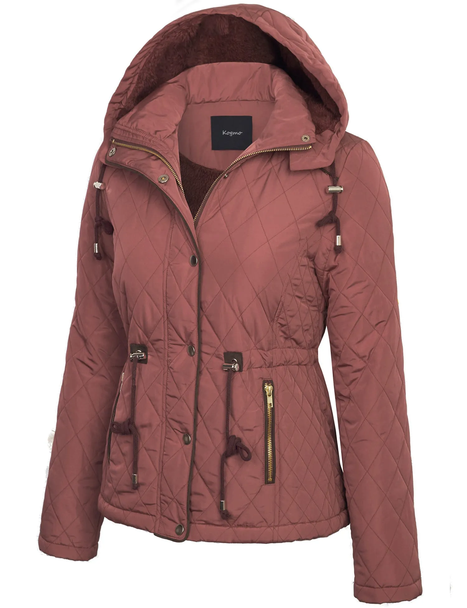 Womens Fur Lined Lightweight Zip Up Quilted Jacket with Detachable Hood