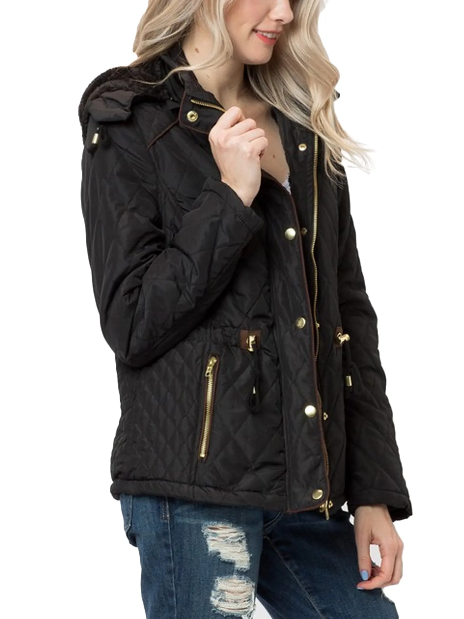 Womens Fur Lined Lightweight Zip Up Quilted Jacket with Detachable Hood