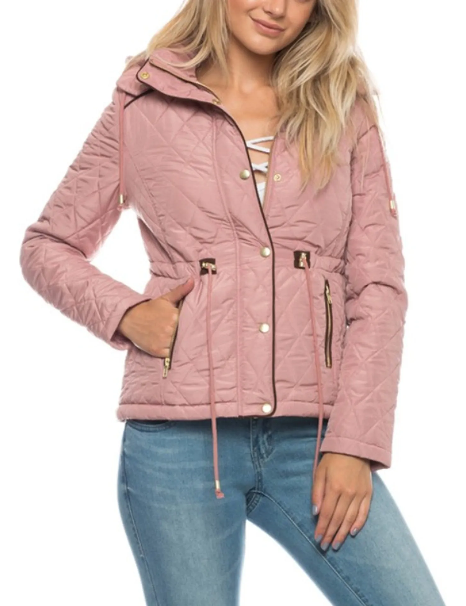 Womens Fur Lined Lightweight Zip Up Quilted Jacket with Detachable Hood