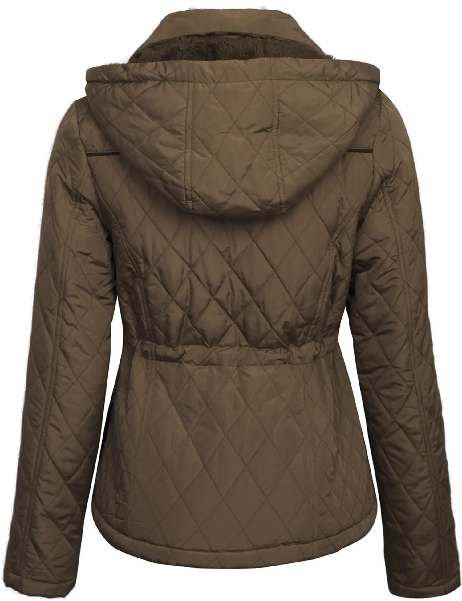 Womens Fur Lined Lightweight Zip Up Quilted Jacket with Detachable Hood