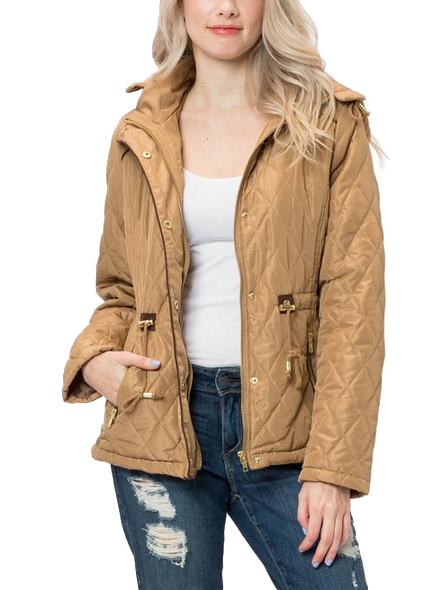 Womens Fur Lined Lightweight Zip Up Quilted Jacket with Detachable Hood