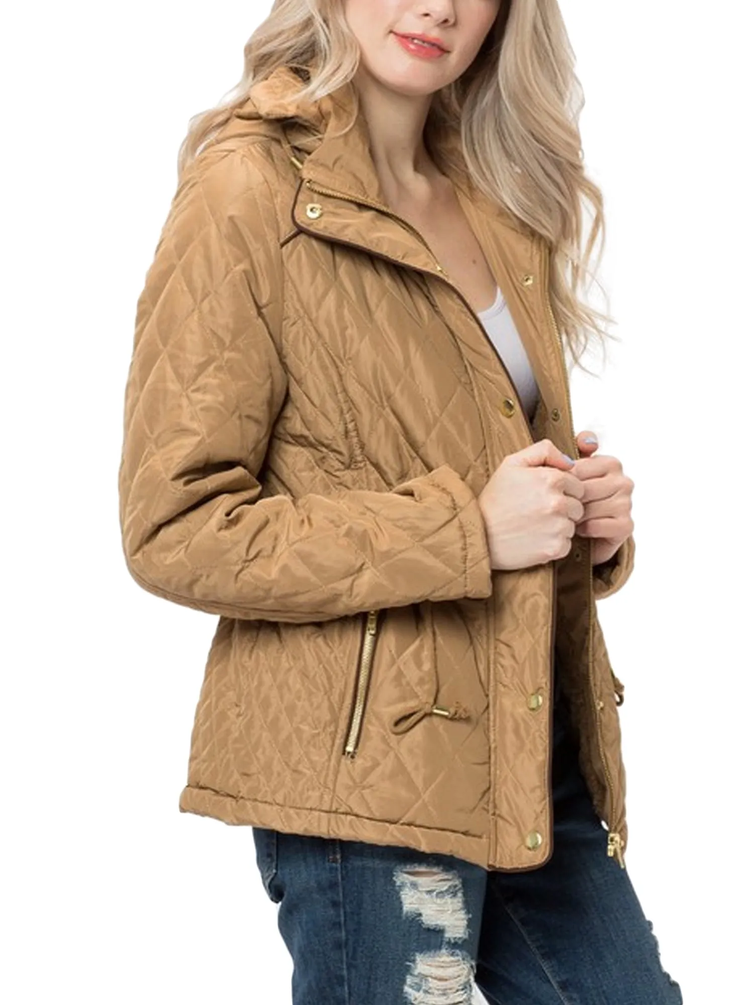 Womens Fur Lined Lightweight Zip Up Quilted Jacket with Detachable Hood