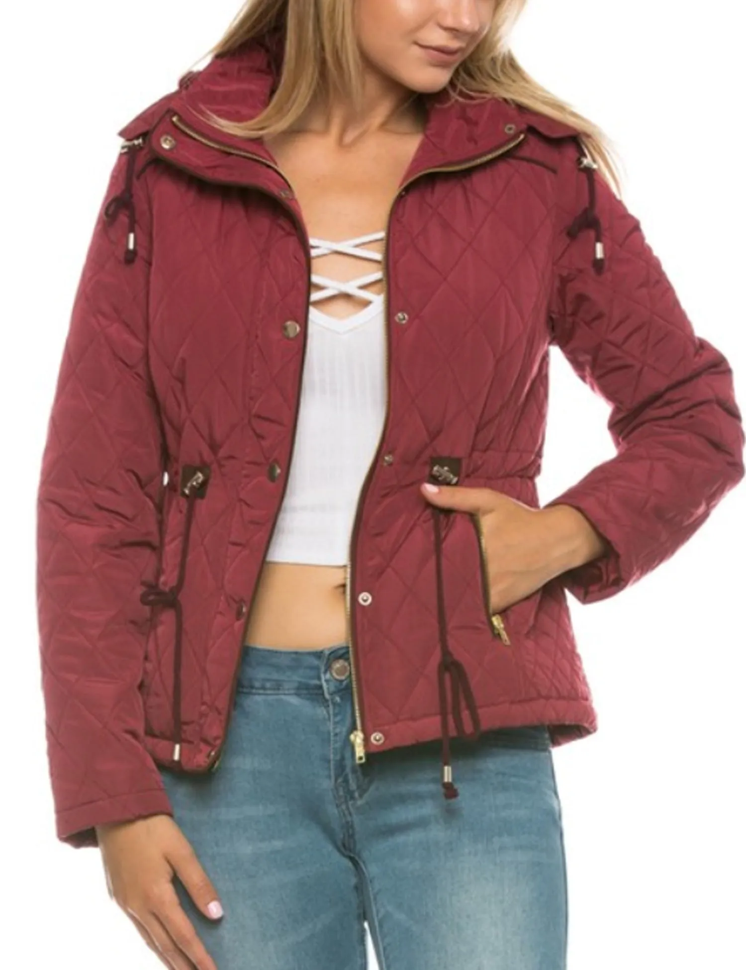 Womens Fur Lined Lightweight Zip Up Quilted Jacket with Detachable Hood