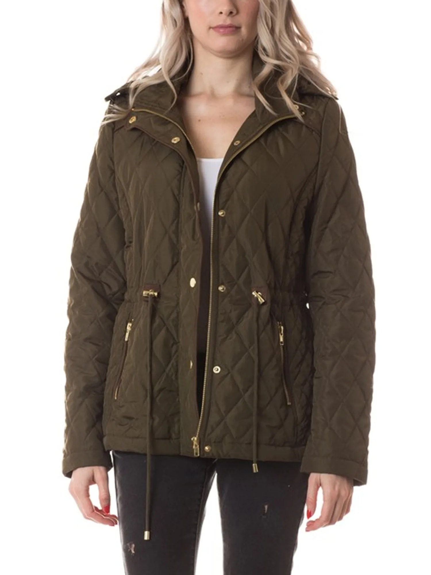 Womens Fur Lined Lightweight Zip Up Quilted Jacket with Detachable Hood