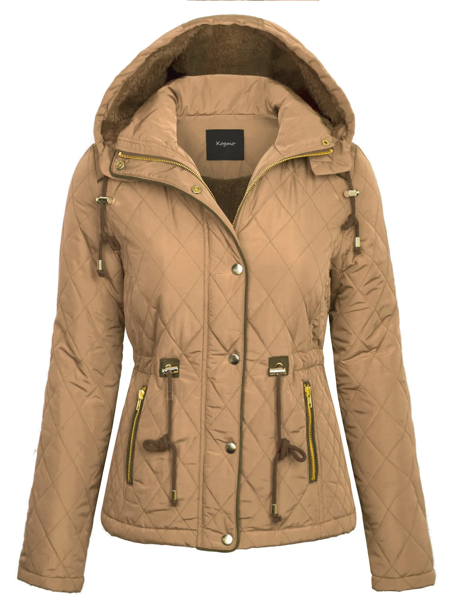 Womens Fur Lined Lightweight Zip Up Quilted Jacket with Detachable Hood