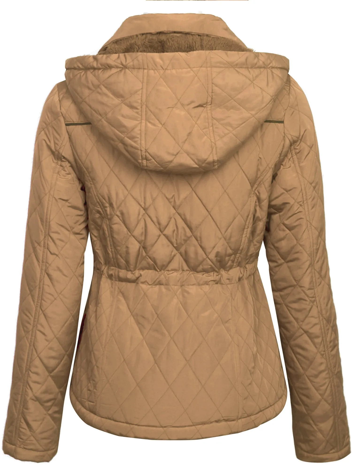 Womens Fur Lined Lightweight Zip Up Quilted Jacket with Detachable Hood