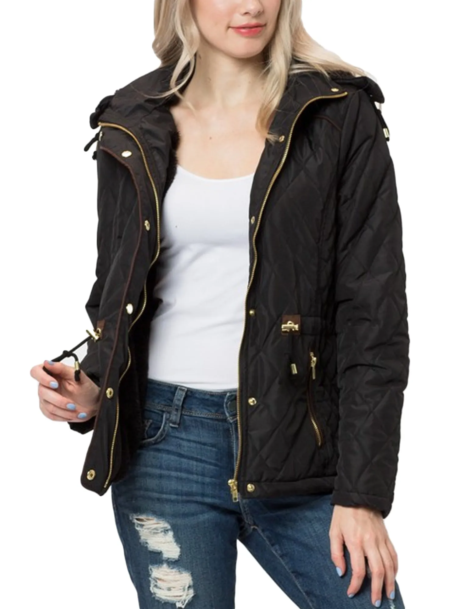 Womens Fur Lined Lightweight Zip Up Quilted Jacket with Detachable Hood