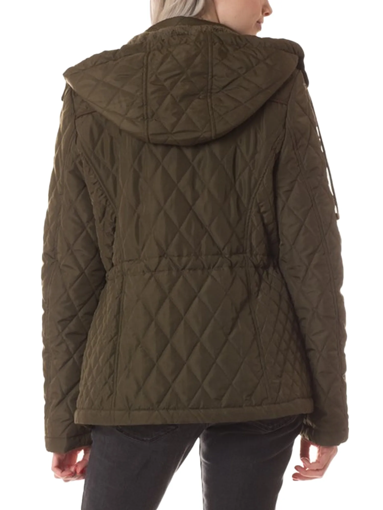 Womens Fur Lined Lightweight Zip Up Quilted Jacket with Detachable Hood