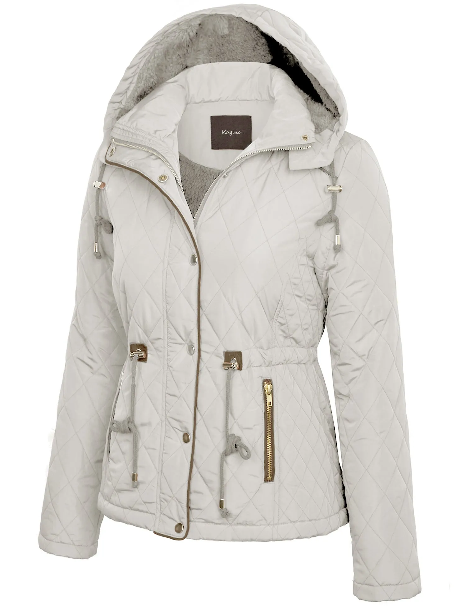 Womens Fur Lined Lightweight Zip Up Quilted Jacket with Detachable Hood