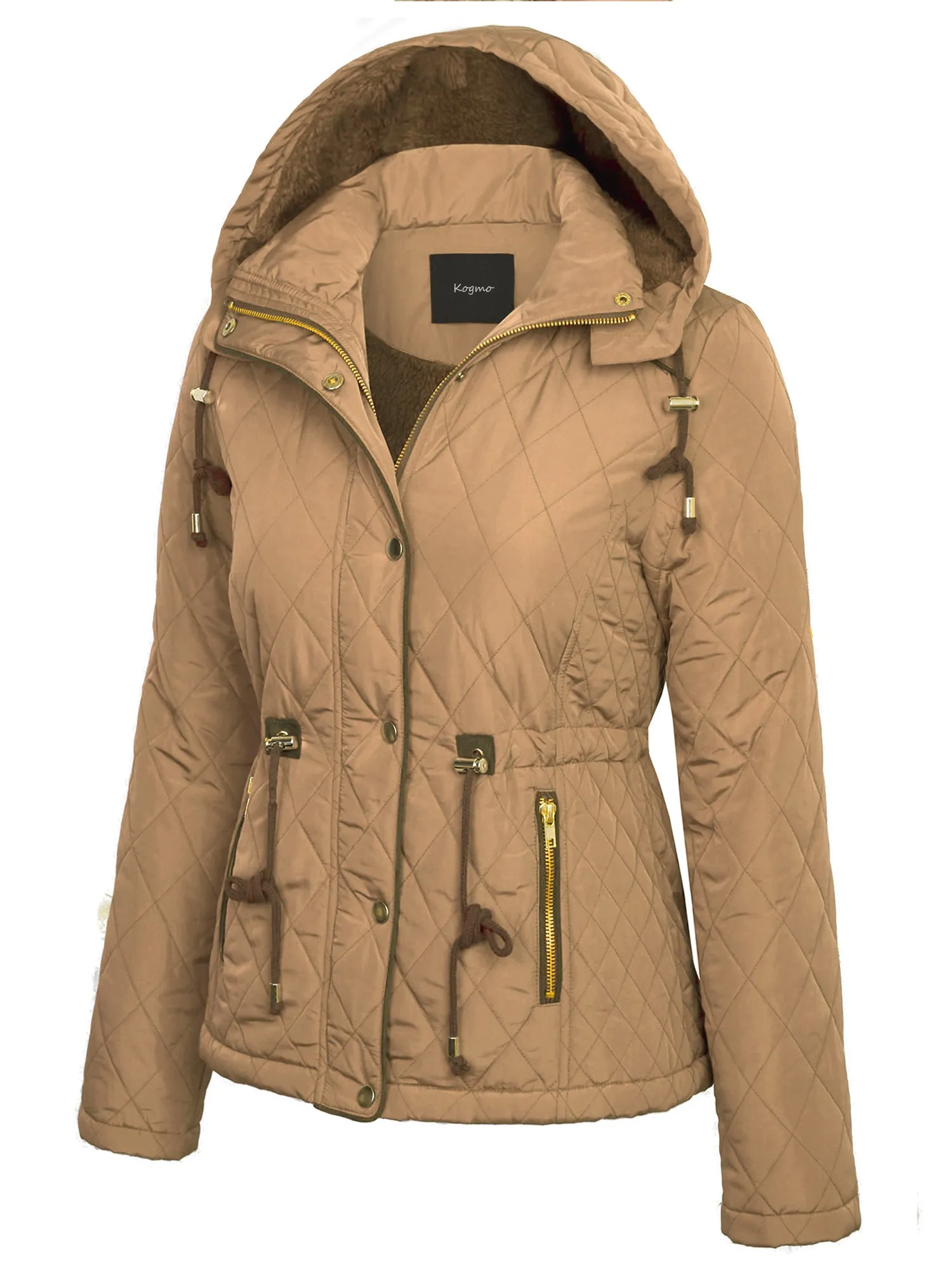 Womens Fur Lined Lightweight Zip Up Quilted Jacket with Detachable Hood