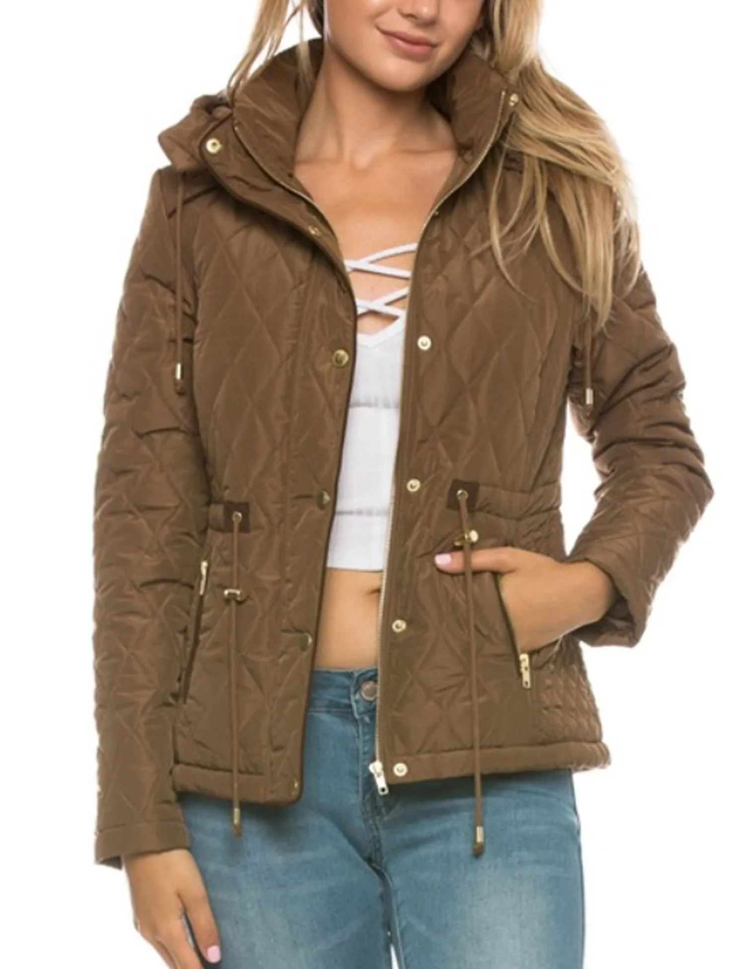 Womens Fur Lined Lightweight Zip Up Quilted Jacket with Detachable Hood