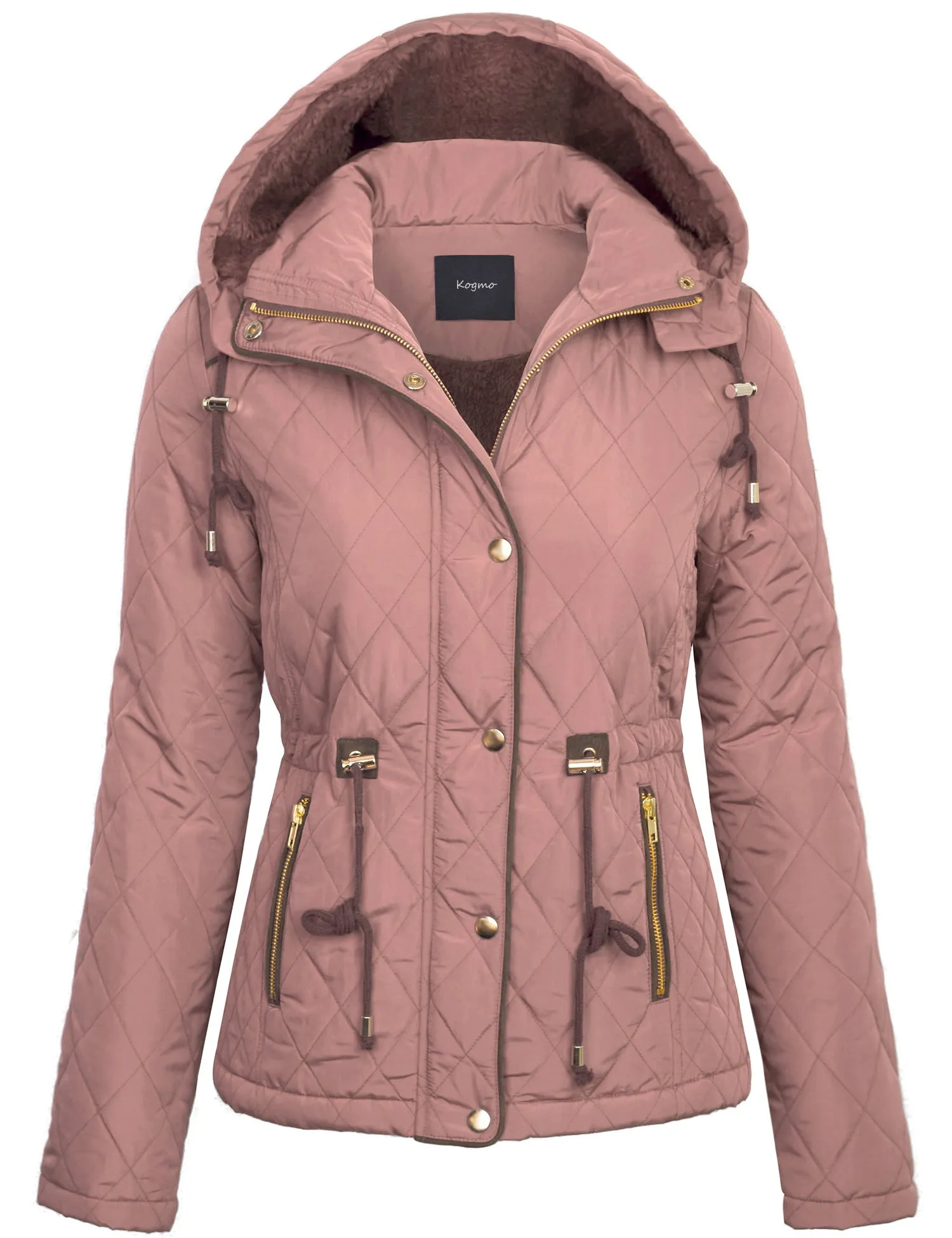 Womens Fur Lined Lightweight Zip Up Quilted Jacket with Detachable Hood